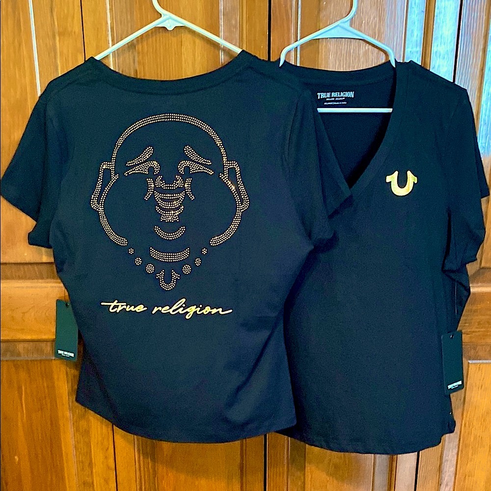 True Religion Black Tee with Gold Buddha Design w/FREE jewelry or hair clips